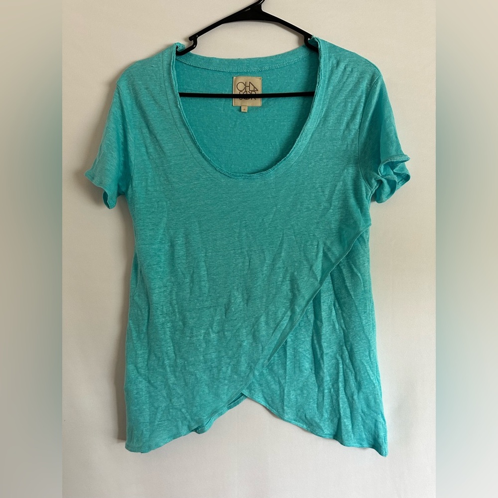 Chaser Asymmetrically Linen Tee Top Blue Scoop Neck Size S